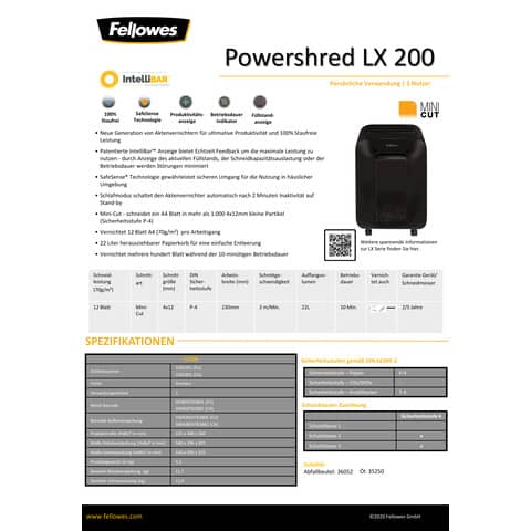 Distruggidocumenti uso personale P-4 Fellowes Powershred LX200 22 L - taglio a miniframmenti 4x12 mm nero FW5502201